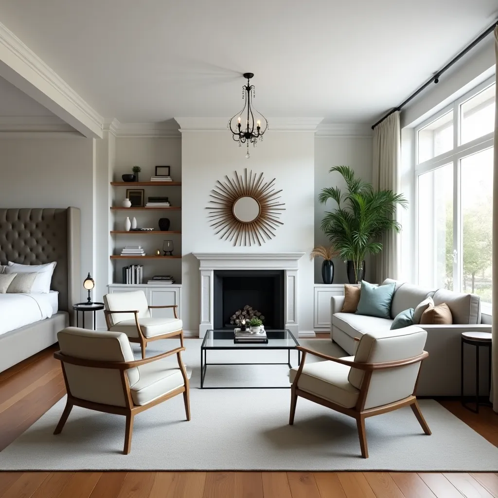 Open-plan living room featuring a gray rug and airy curtains.