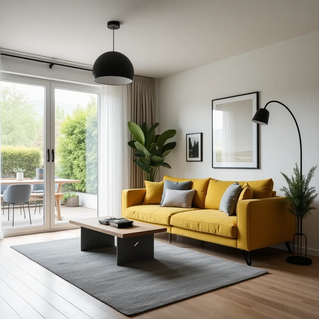 Spacious room with white walls, modern chandelier, and large windows.