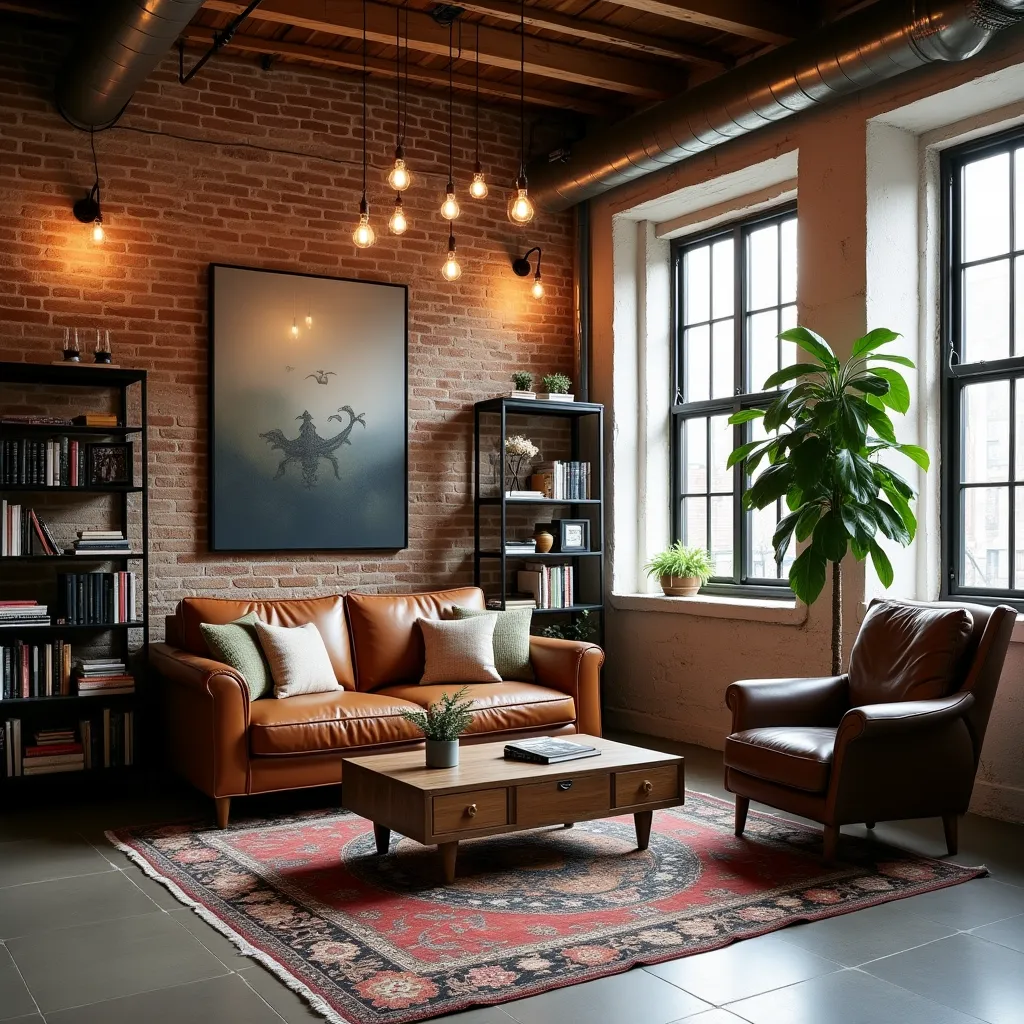 Urban living room blending rustic charm with city vibes.
